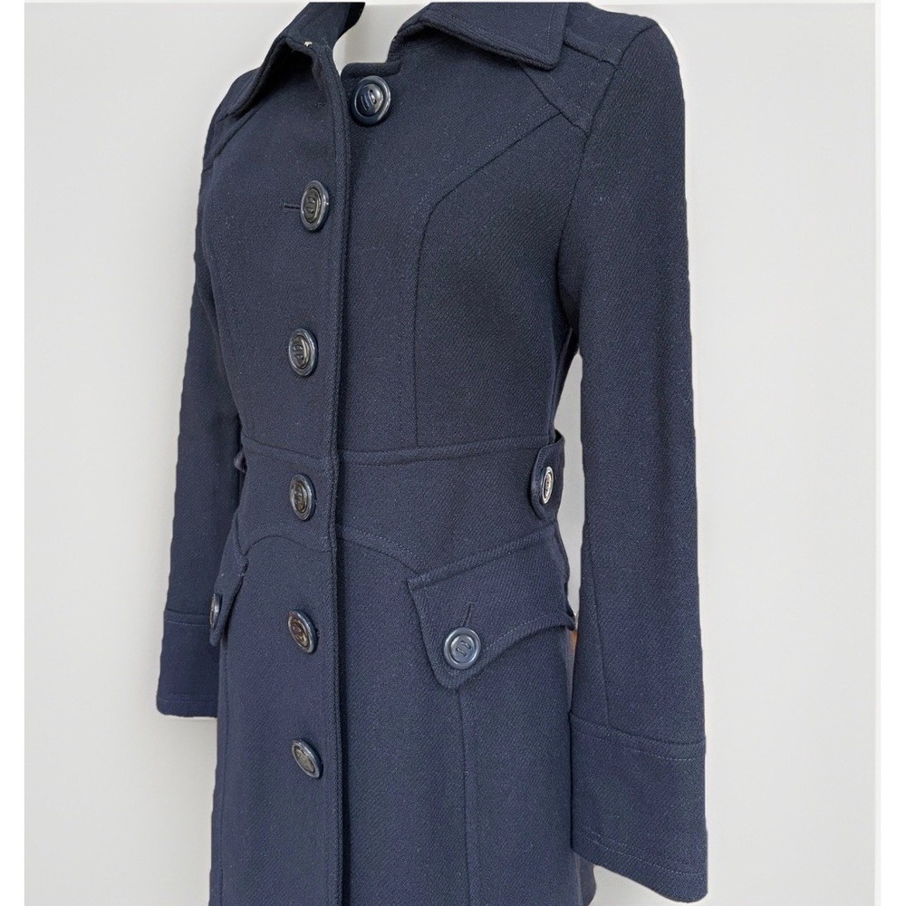 Navy Blue Long Gaberdine Wool Winter Coat Size S Feminine Tailored Designer VTG